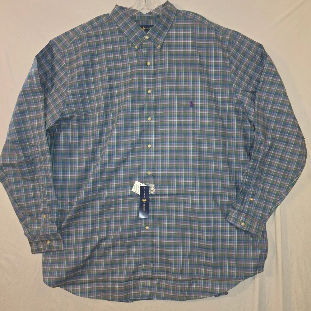 Ralph Lauren Button Down Shirt 3XLT Mens Green Blue Plaid Classic Fit NWT